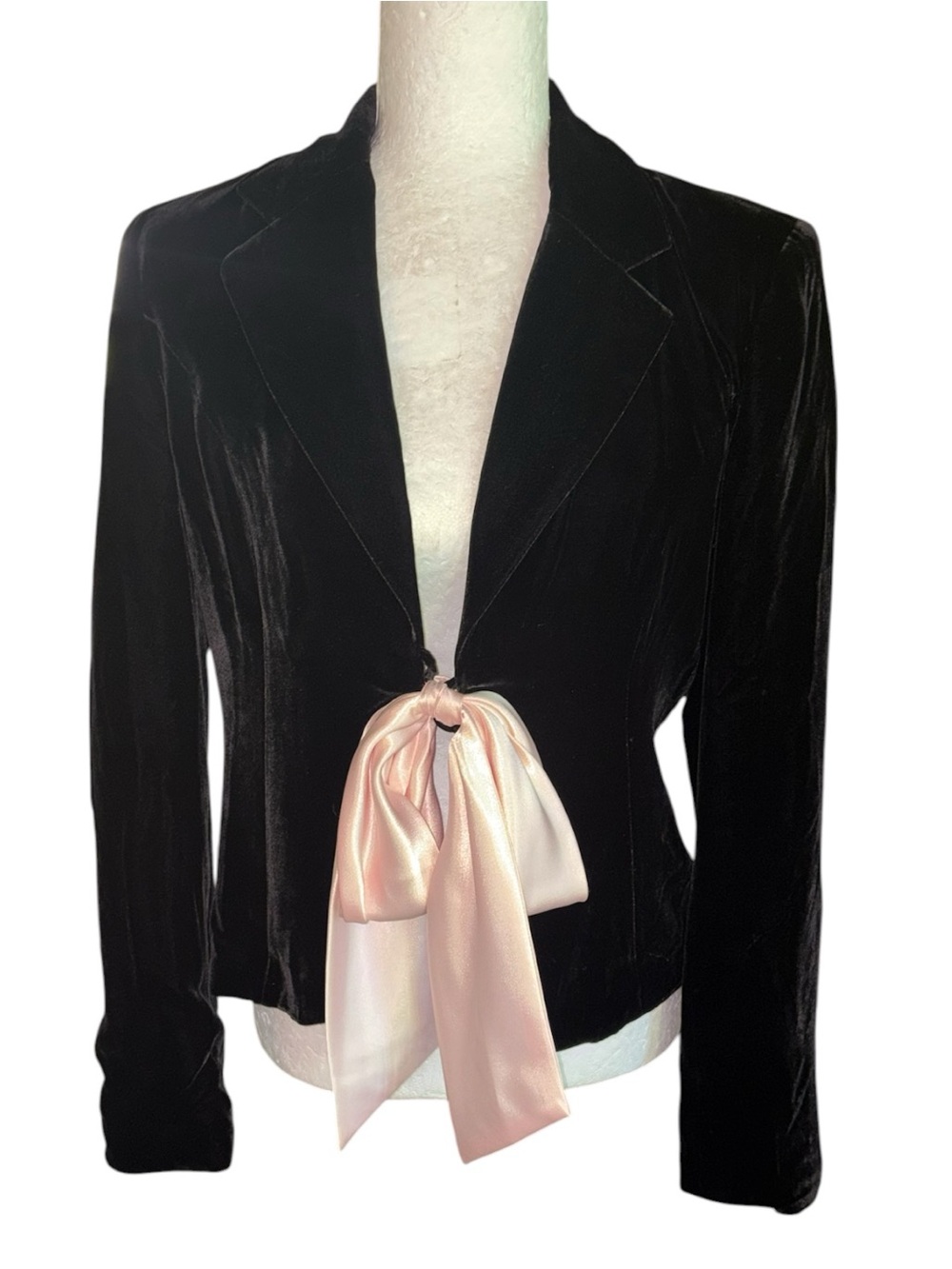 Ideology Black Silk Blend Velvet Blush Pink Bow Tie Y2K Blazer - 4